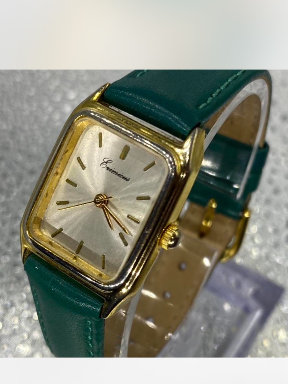 *** Gold-Tone ^^^ Designer ***  Rectangular Watch / Hunter Green Leather Strap